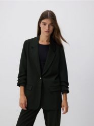 Marynarka z marszczonymi rękawami - morski. Zielone marynarki i żakiety damskie Reserved, l, bez wzorów, z tkaniny. W wyprzedaży za 99.99 zł.