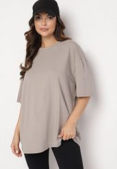 Beżowy Bawełniany T-shirt Koszulka z Krótkim Rękawem Bevima. Brązowe bluzki damskie Born2be, bez wzorów, z bawełny, bez kołnierzyka, bez ramiączek. Za 59.99 zł.