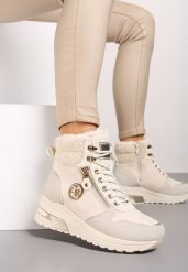 Beżowe Sneakersy na Koturnie za Kostkę z Metaliczną Ozdobą i Suwakiem Sinelara. Brązowe obuwie sportowe damskie Renee, z jeansu, za kostkę, bez zapięcia. Za 119.99 zł.