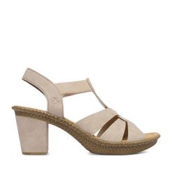 Sandały Rieker. Brązowe sandały damskie Rieker, bez wzorów, bez obcasa, na słupku, bez zapięcia. Za 299.99 zł.