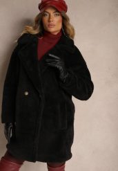 Czarny Dwurzędowy Płaszcz Futrzany o Długim Kroju Typu Teddy Malwika. Czarne płaszcze damskie Renee, l, z aplikacjami, z dzianiny, bez kaptura. Za 159.99 zł.