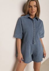 Niebieski Krótki Kombinezon Jeansowy z Kołnierzykiem w Stylu Retro Aelixera. Niebieskie sukienki damskie Born2be, bez wzorów, z jeansu, klasyczne, bez ramiączek. Za 219.99 zł.