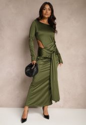 Zielona Koktajlowa Sukienka z Ozdobnym Wycięciem i Wiązaniem Vamicea. Zielone sukienki damskie Renee, bez wzorów, eleganckie, bez ramiączek. W wyprzedaży za 127.99 zł.