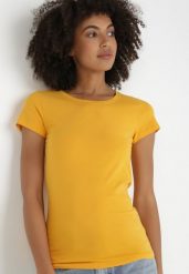 Żółty T-shirt Gathanthei. Żółte t-shirty damskie Born2be, l, bez wzorów, z bawełny, bez kołnierzyka. Za 29.99 zł.