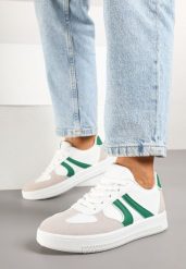 Biało-Zielone Sneakersy w Stylu Kultowych Tenisówek Setionis. Białe obuwie sportowe damskie Born2be, z jeansu, bez zapięcia, tenisowe. Za 89.99 zł.