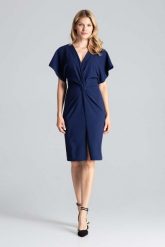 Granatowa Elegancka Sukienka Midi z Zakładanym Dekoltem. Czarne sukienki damskie Figl, bez wzorów, z elastanu, eleganckie, bez ramiączek. Za 289.00 zł.