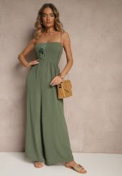 Ciemnozielony Kombinezon Bandeau z Szeroką Nogawką Zdobiony Frędzlami Dovaira. Zielone sukienki damskie Renee, z aplikacjami, boho, bez ramiączek. W wyprzedaży za 55.99 zł.