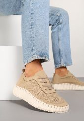 Beżowe Sneakersy na Tłoczonej Platformie z Ażurową Cholewką Ronfira. Brązowe obuwie sportowe damskie Renee, bez zapięcia. Za 74.99 zł.