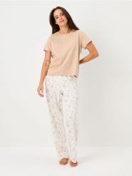 Bawełniana piżama dwuczęściowa z motywem świątecznym - beżowy. Brązowe piżamy damskie Sinsay, bez wzorów, z bawełny, bez ramiączek. Za 29.99 zł.