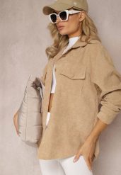 Beżowa Koszula z Guzikami ze Sztruksowego Materiału Ilwenita. Brązowe koszule damskie Renee, l, bez wzorów, z jeansu, eleganckie, bez kołnierzyka, bez ramiączek. Za 49.99 zł.