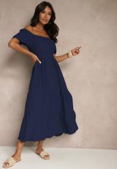 Granatowa Sukienka Hiszpanka z Marszczoną Górą Lumirielle. Niebieskie sukienki damskie Renee, bez wzorów, eleganckie, bez ramiączek. W wyprzedaży za 63.99 zł.