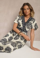Niebieska Sukienka w Print Boho z Wiskozy Rozkloszowana z Dekoltem V Palarina. Niebieskie sukienki damskie Renee, bez wzorów, z wiskozy, boho, bez ramiączek. W wyprzedaży za 83.99 zł.