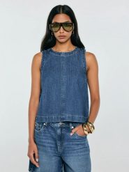 Bluzka damska jeansowa na ramiączkach niebieska Millana 387. Niebieskie bluzki damskie Big Star, l, bez wzorów, z jeansu, klasyczne, bez kołnierzyka, bez ramiączek. Za 199.99 zł.