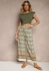Zielone Spodnie z Bawełny High Waist z Abstrakcyjnym Wzorem Lisathiela. Zielone spodnie materiałowe damskie Renee, bez wzorów, z bawełny. Za 29.99 zł.