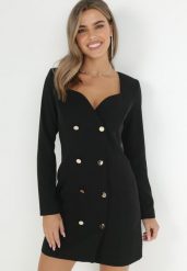 Czarna Sukienka Marynarka Taliowana z Guzikami Genzana. Czarne marynarki i żakiety damskie Born2be, m, bez wzorów, eleganckie. Za 199.99 zł.