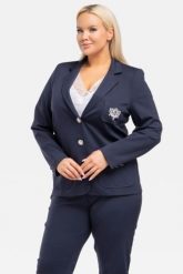 Żakiet elegancki taliowany z ozdobną aplikacją do kompletu WITO granatowy. Niebieskie marynarki i żakiety damskie KARKO, plus size, z aplikacjami, z dzianiny, biznesowe. Za 159.50 zł.