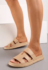 Ciemnobeżowe Piankowe Klapki z Wycięciami Vasama. Brązowe klapki damskie Born2be, bez wzorów, bez obcasa, na płaskiej podeszwie, bez zapięcia. Za 49.99 zł.