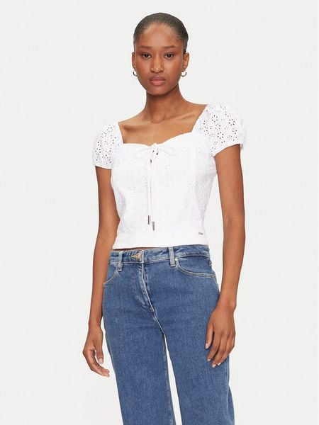 Guess Bluzka W5GP13 KCVA1 Biały Slim Fit. Białe bluzki damskie Guess, l, z aplikacjami, z bawełny, bez kołnierzyka, bez ramiączek. Za 159.99 zł.