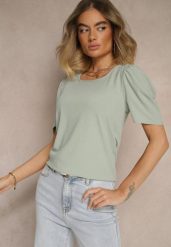 Zielony T-shirt z Prążkowanej Tkaniny z Zakładkami przy Rękawach Kolaniella. Zielone t-shirty damskie Renee, l, bez wzorów, z jeansu, bez kołnierzyka. Za 34.99 zł.