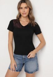 Czarny Bawełniany T-shirt z Dekoltem w Serek z Cyrkoniową Aplikacją Nirivale. Czarne t-shirty damskie Born2be, l, z aplikacjami, z bawełny, bez kołnierzyka. Za 34.99 zł.