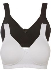 Biustonosz typu T-shirt optycznie zmniejszający biust, bez fiszbinów z bawełną organiczną (2 szt.). Czarne biustonosze bonprix, bez wzorów, z bawełny. Za 97.99 zł.