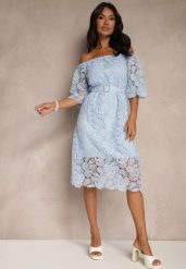 Niebieska Sukienka z Bawełną z Paskiem z Klamrą Perełkami i Cyrkoniami Neralisse. Niebieskie sukienki damskie Renee, bez wzorów, z bawełny, eleganckie, bez ramiączek. W wyprzedaży za 75.99 zł.