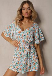 Jasnoniebieski Kombinezon z Dekoltem w Serek z Gumką w Talii i Materiałowym Paskiem Tessanda. Niebieskie sukienki damskie Renee, bez wzorów, z materiału, eleganckie, bez ramiączek. W wyprzedaży za 39.99 zł.