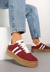 Bordowe Sneakersy na Platformie z Minimalistycznymi Przeszyciami Teritha. Czerwone obuwie sportowe damskie Born2be, z materiału, bez zapięcia. Za 99.99 zł.