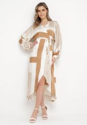 Beżowa Sukienka Kopertowa Kimono z Geometrycznym Wzorem i Wiązanym Paskiem Klerossa. Brązowe sukienki damskie Born2be, bez wzorów, bez ramiączek. W wyprzedaży za 135.99 zł.