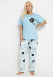 Niebieski Komplet Piżamowy z Motywem Kwiatowym Spodnie i T-shirt Milossa. Niebieskie komplety bielizny Born2be, z aplikacjami, bez ramiączek. Za 39.99 zł.