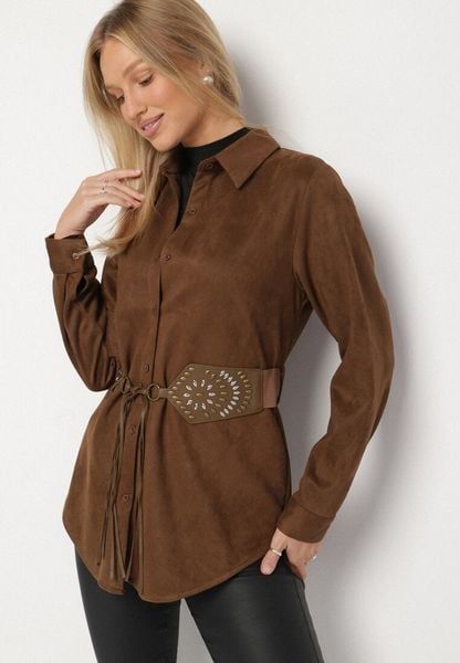 Brązowa Koszula z Dodatkowym Paskiem z Frędzlami w Stylu Boho Unesa. Brązowe koszule damskie Born2be, l, bez wzorów, z jeansu, boho, bez kołnierzyka, bez ramiączek. Za 139.99 zł.