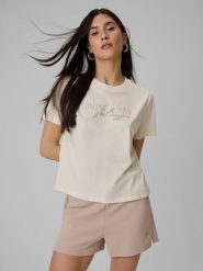 4F T-shirt boxy z nadrukiem damski - beżowy XL. Brązowe t-shirty damskie 4F, uniwersalny, bez wzorów, z jeansu, bez kołnierzyka. Za 59.99 zł.