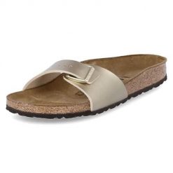 Klapki damskie Birkenstock Madrid. Żółte klapki damskie Birkenstock, bez wzorów, z materiału, bez obcasa, bez zapięcia. Za 339.00 zł.