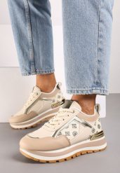Beżowe Sneakersy na Piankowej Podeszwie z Geometrycznym Wzorem Vorisa. Brązowe obuwie sportowe damskie Born2be, z jeansu, bez zapięcia. Za 119.99 zł.