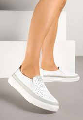 Białe Półbuty Skórzane w Sportowym Stylu z Perforacją Merithalia. Białe półbuty damskie Born2be, bez wzorów, z jeansu, bez obcasa, bez zapięcia. Za 149.99 zł.