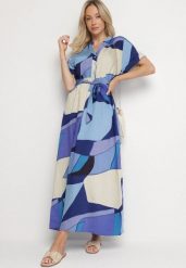 Niebieska Sukienka Rozkloszowana z Wiskozy w Geometryczny Wzór z Paskiem Ranislla. Niebieskie sukienki damskie Born2be, bez wzorów, z wiskozy, eleganckie, bez ramiączek. Za 99.99 zł.
