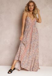 Beżowa Rozkloszowana Sukienka Maxi Wiązana na Szyi z Wiskozy z Printem Paisley Olympie. Brązowe sukienki damskie Renee, bez wzorów, z wiskozy, boho, bez ramiączek. W wyprzedaży za 91.99 zł.