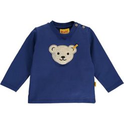 Bluza w kolorze granatowym. Niebieskie bluzy niemowlęce Steiff, z aplikacjami, z materiału, z okrągłym kołnierzem. W wyprzedaży za 47.95 zł.