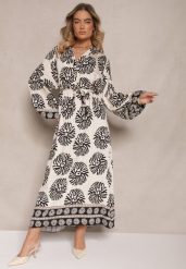 Czarna Sukienka Oversize z Wiskozy z Paskiem Zdobiona Etnicznym Printem Velsekia. Czarne sukienki damskie Renee, z aplikacjami, z materiału, eleganckie, bez ramiączek. W wyprzedaży za 99.99 zł.