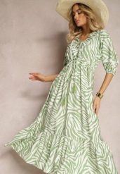 Jasnozielona Sukienka z Wiskozy i Bawełny Ozdobiona Falbaną i Sznurkiem w Pasie Vantia. Zielone sukienki damskie Renee, bez wzorów, z bawełny, eleganckie, bez ramiączek. W wyprzedaży za 99.99 zł.