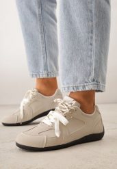 Beżowe Sneakersy Ozdobione Przeszyciami i Podwójnym Sznurowaniem Coraera. Brązowe obuwie sportowe damskie Born2be, z jeansu, bez zapięcia. Za 79.99 zł.