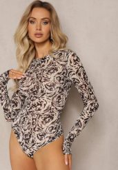Czarno-Beżowe Body Ozdobione Kwiatami w Abstrakcyjnym Stylu Hlevina. Czarne body i gorsety Renee, bez wzorów, z dzianiny. Za 74.99 zł.