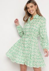 Zielono-Beżowa Bawełniana Sukienka Mini w Geometryczny Wzór Frenia. Zielone sukienki damskie Born2be, bez wzorów, z bawełny, eleganckie, bez ramiączek. W wyprzedaży za 55.24 zł.