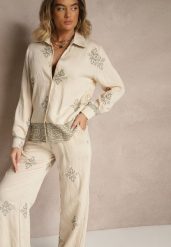 Beżowy Wiskozowy Komplet z Haftowanymi Zdobieniami Koszula i Spodnie Iffina. Brązowe koszule damskie Renee, na lato, l, z aplikacjami, z wiskozy, eleganckie, bez kołnierzyka, bez ramiączek. Za 119.99 zł.