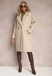 Jasnobeżowy Dwurzędowy Płaszcz Oversize z Wełną Spolete. Brązowe płaszcze damskie Renee, bez wzorów, z wełny, bez kaptura. Za 289.99 zł.
