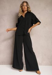 Czarny Komplet Szerokie Spodnie i Koszula z Falbanami Rivathins. Czarne koszule damskie Renee, l, bez wzorów, eleganckie, bez kołnierzyka, bez ramiączek. Za 159.99 zł.