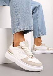 Biało-Beżowe Sneakersy Ozdobione Wstawkami z Materiału i Aplikacją z Cyrkonii Eephira. Białe obuwie sportowe damskie Renee, z jeansu, bez zapięcia. Za 69.99 zł.