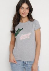 Ciemnoszary Bawełniany T-shirt z Nadrukiem z Cyrkoniami Karissen. Szare t-shirty damskie Born2be, m, bez wzorów, z bawełny, bez kołnierzyka. Za 34.99 zł.