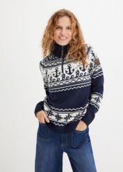 Sweter w norweskim stylu z marynarskimi motywami. Niebieskie swetry klasyczne damskie bonprix, bez kołnierzyka. Za 109.99 zł.