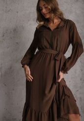 Brązowa Sukienka Boho z Paskiem Guzikami i Falbanami Nevinete. Brązowe sukienki damskie Renee, bez wzorów, z poliesteru, boho, bez ramiączek. Za 159.99 zł.
